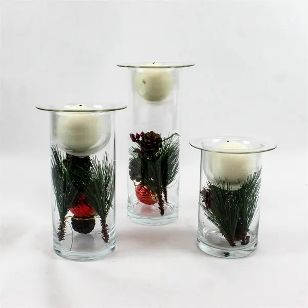 Linen N Things Holiday Collection 3 Filled Glass Candle Holders W/ Ball Candles