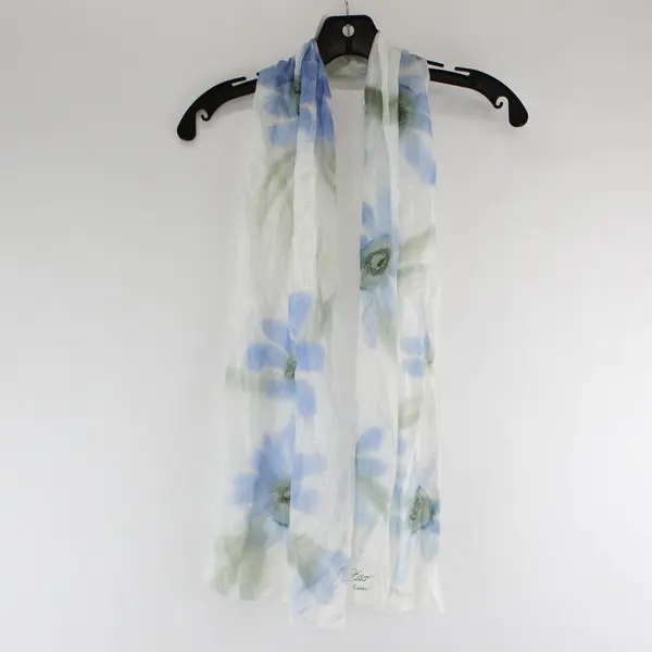 La Soierie Huo Quebec Blue Green and White Lightweight Silk Scarf 60"