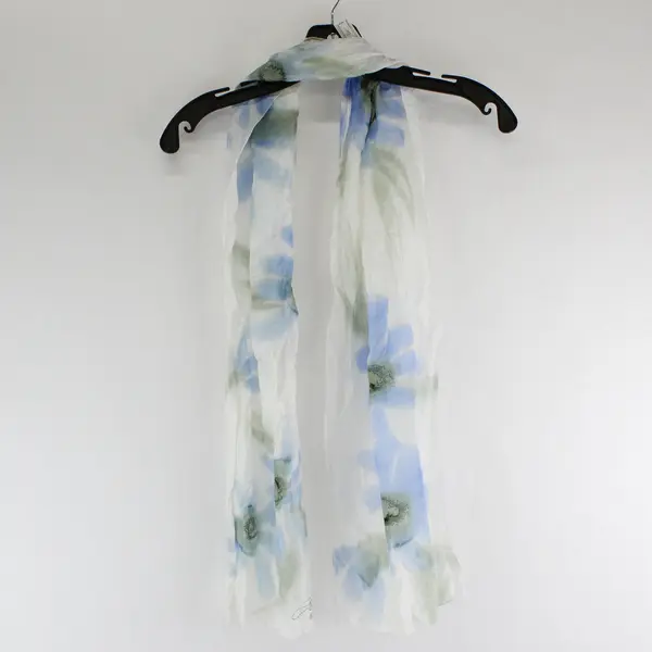 La Soierie Huo Quebec Blue Green and White Lightweight Silk Scarf 60"