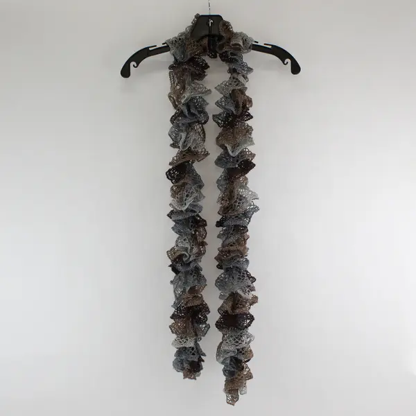 Women's Gray and Brown Crocheted Ruffled Scarf Metallic Accents 73"