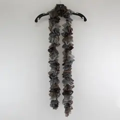 Women's Gray and Brown Crocheted Ruffled Scarf Metallic Accents 73"