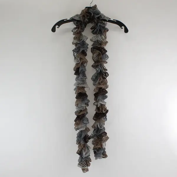 Women's Gray and Brown Crocheted Ruffled Scarf Metallic Accents 73"