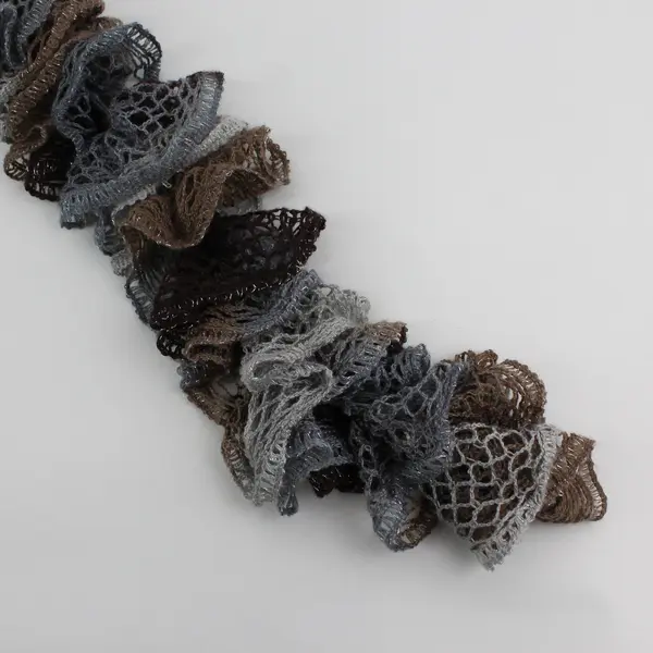 Women's Gray and Brown Crocheted Ruffled Scarf Metallic Accents 73"