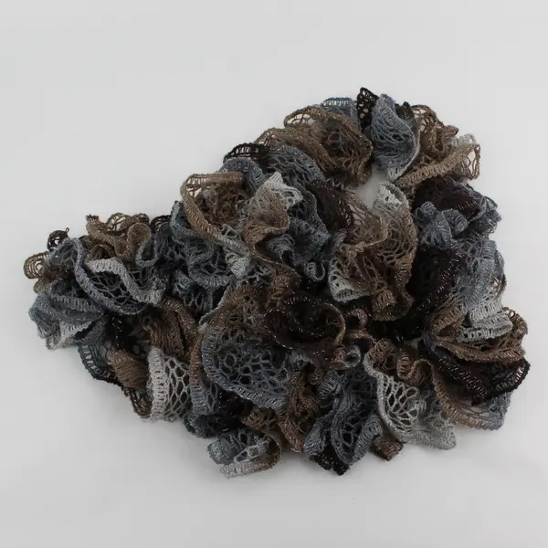 Women's Gray and Brown Crocheted Ruffled Scarf Metallic Accents 73"