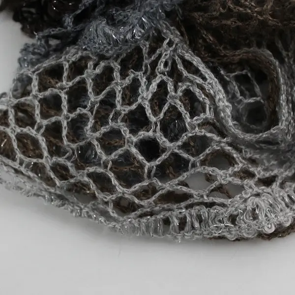 Women's Gray and Brown Crocheted Ruffled Scarf Metallic Accents 73"