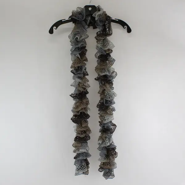 Women's Gray and Brown Crocheted Ruffled Scarf Metallic Accents 70"