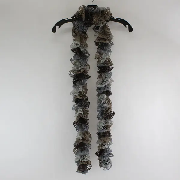 Women's Gray and Brown Crocheted Ruffled Scarf Metallic Accents 70"