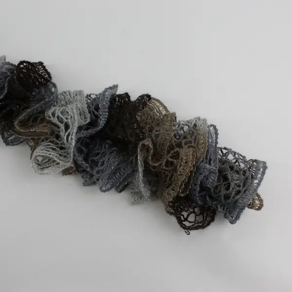 Women's Gray and Brown Crocheted Ruffled Scarf Metallic Accents 70"
