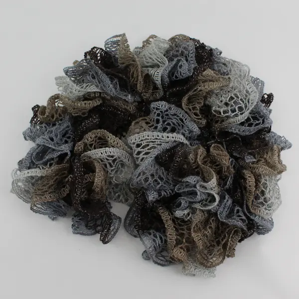 Women's Gray and Brown Crocheted Ruffled Scarf Metallic Accents 70"
