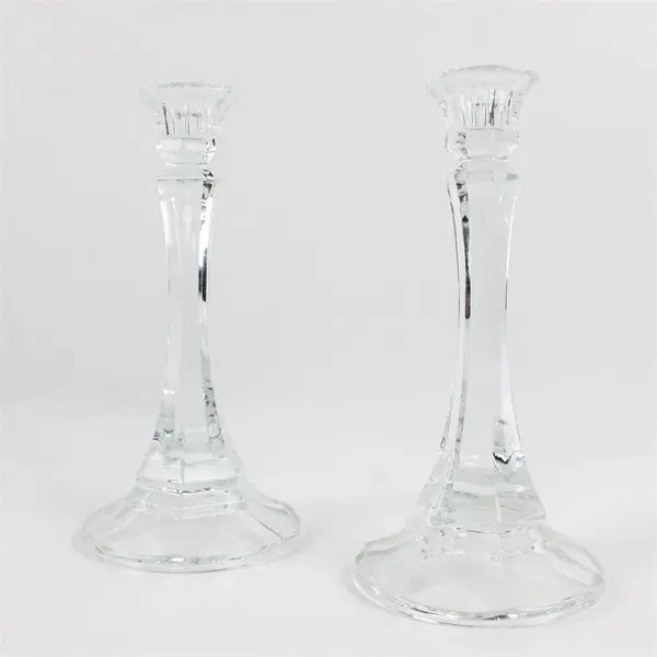Set of 2 Clear Glass Faceted Hexagonal Candlestick Holders 7.5"