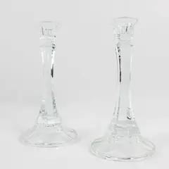 Set of 2 Clear Glass Faceted Hexagonal Candlestick Holders 7.5"