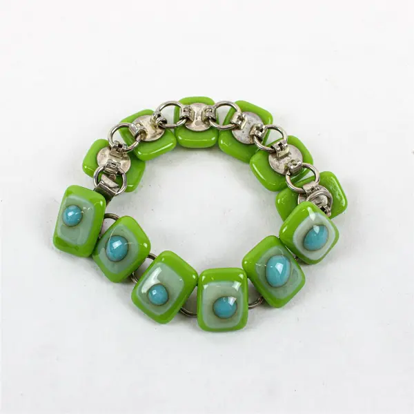 Lime Green and Blue Art Glass Lampwork Silver-Tone Bracelet 8"