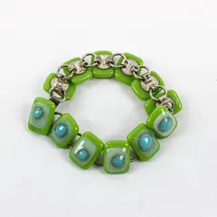 Lime Green and Blue Art Glass Lampwork Silver-Tone Bracelet 8"