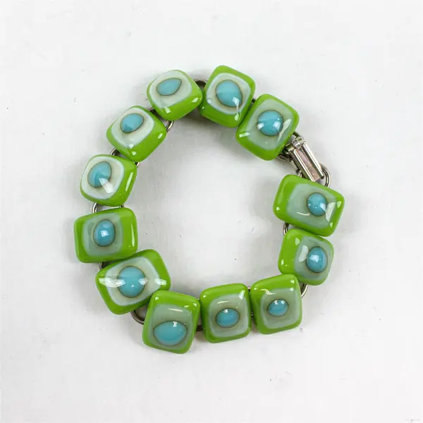 Lime Green and Blue Art Glass Lampwork Silver-Tone Bracelet 8"