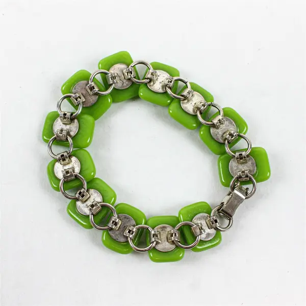 Lime Green and Blue Art Glass Lampwork Silver-Tone Bracelet 8"