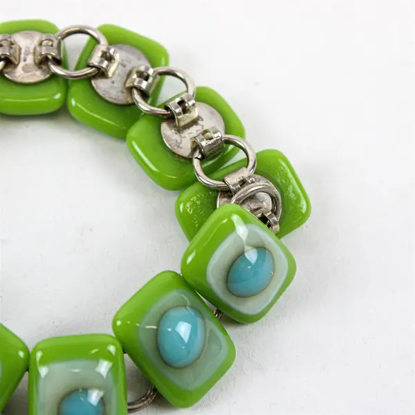 Lime Green and Blue Art Glass Lampwork Silver-Tone Bracelet 8"