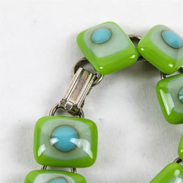 Lime Green and Blue Art Glass Lampwork Silver-Tone Bracelet 8"