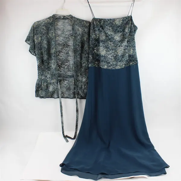 VTG JS Collections Gold Glittery Beaded Lace Dress and Shrug Set Women's Size 10