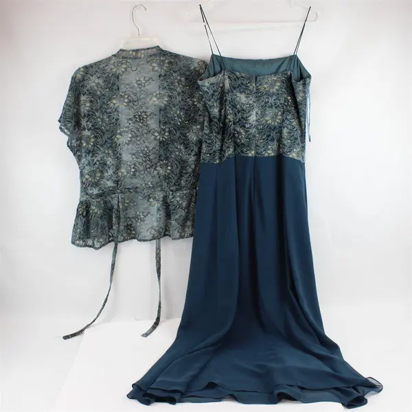 VTG JS Collections Gold Glittery Beaded Lace Dress and Shrug Set Women's Size 10