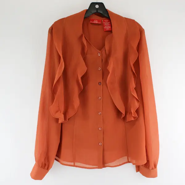 Oscar De La Renta Burnt Orange Ruffled V-Neck Blouse Women's Size 14