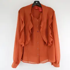 Oscar De La Renta Burnt Orange Ruffled V-Neck Blouse Women's Size 14