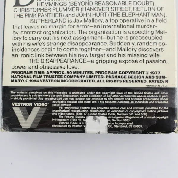 The Disappearance (1977) Donald Sutherland VHS Vestron Video 1984 
