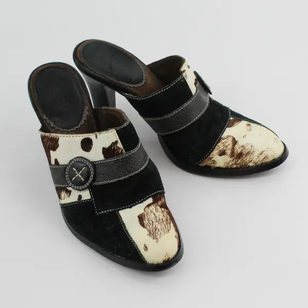 Y2K Kenzie Brand Women's Size 7.5M Patchwork Cow Print Leather Mule Heels