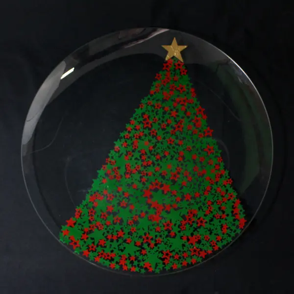Reverse Painted Red And Green Stars Christmas Tree Glass Platter 13.5"