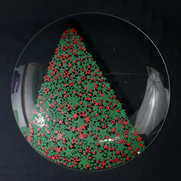 Reverse Painted Red And Green Stars Christmas Tree Glass Platter 13.5"