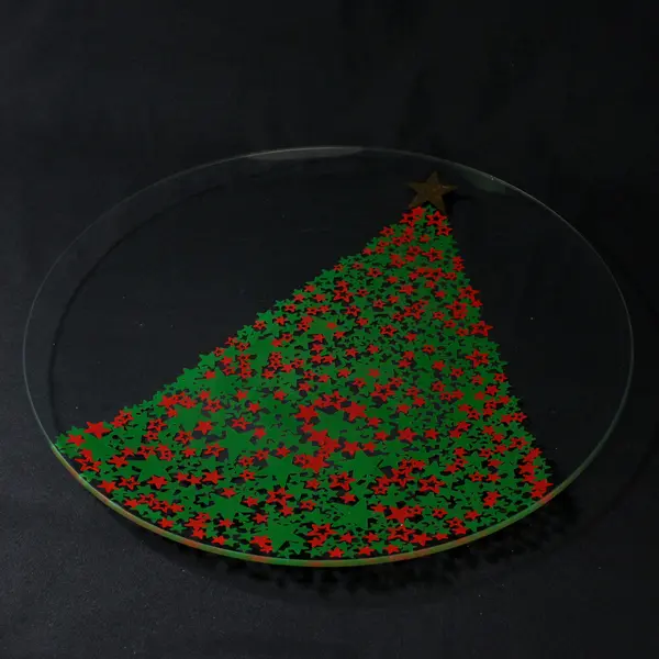 Reverse Painted Red And Green Stars Christmas Tree Glass Platter 13.5"