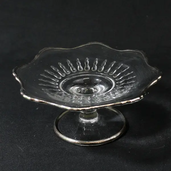 Clear Glass Compote With Silver Plate Trim Floral Shaped 6" Diameter