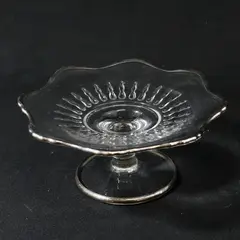 Clear Glass Compote With Silver Plate Trim Floral Shaped 6" Diameter