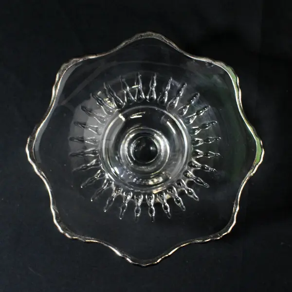 Clear Glass Compote With Silver Plate Trim Floral Shaped 6" Diameter