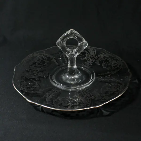 Vintage Silver Overlay Glass Tidbit Tray With Center Handle 11"