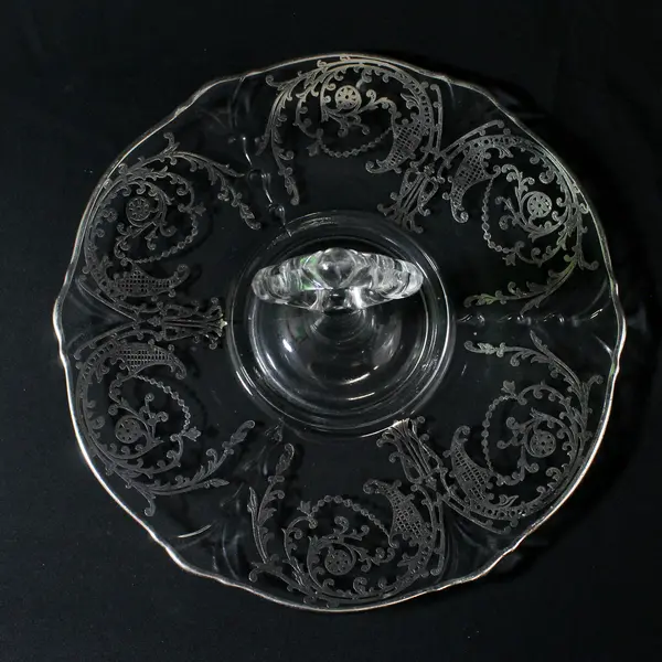 Vintage Silver Overlay Glass Tidbit Tray With Center Handle 11"