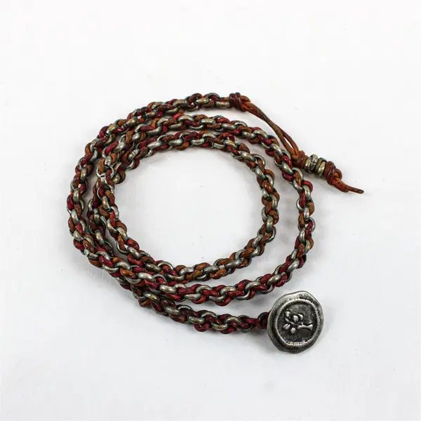 Dill Braided Leather Gunmetal Chain Button Closure Necklace 23"