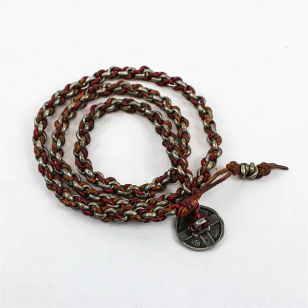 Dill Braided Leather Gunmetal Chain Button Closure Necklace 23"