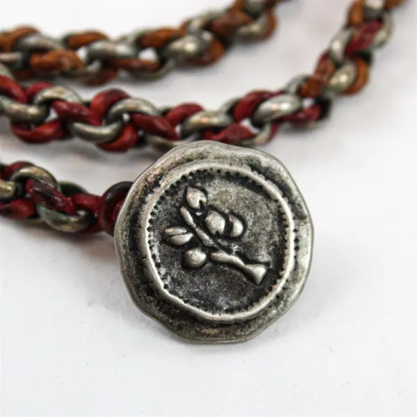 Dill Braided Leather Gunmetal Chain Button Closure Necklace 23"