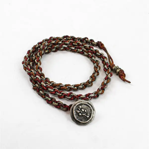 Dill Braided Leather Gunmetal Chain Button Closure Necklace 23"