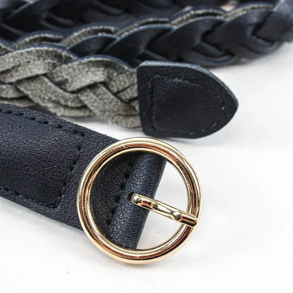 Lot of 2 Women's Braided Faux Leather Belts Navy Beige One Size