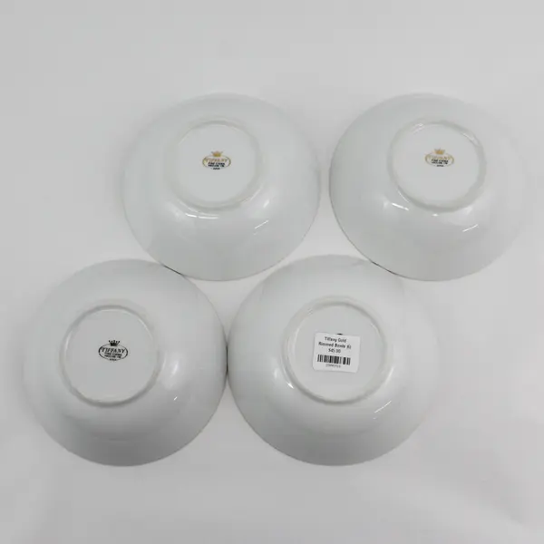 Set of 4 Tiffany Fine China Cereal Bowls White Gold Band Japan