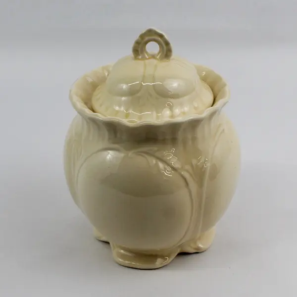 Light Yellow Ceramic Biscuit Jar Canister Embossed Vine Pattern