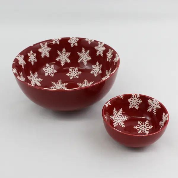 Set of 2 Nesting Primitives by Kathy Stoneware Bowls  Red with White Snowflakes 