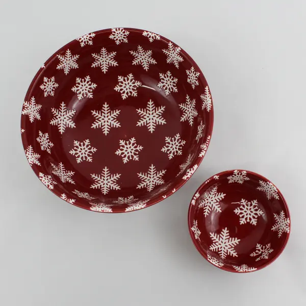 Set of 2 Nesting Primitives by Kathy Stoneware Bowls  Red with White Snowflakes 