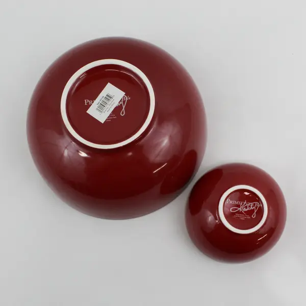 Set of 2 Nesting Primitives by Kathy Stoneware Bowls  Red with White Snowflakes 