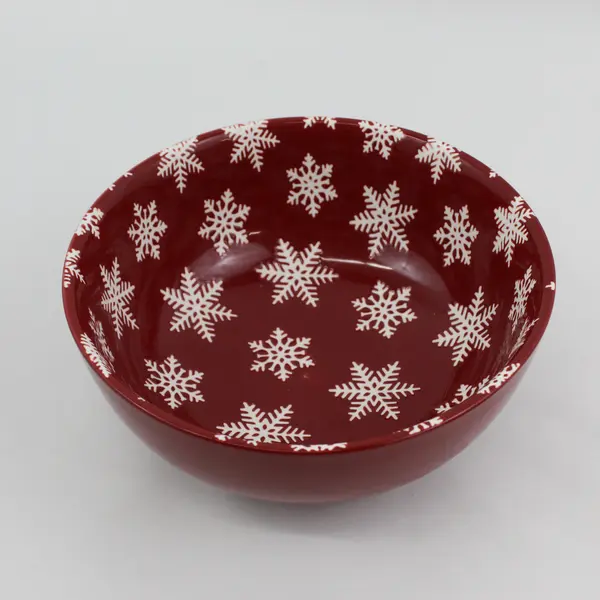 Set of 2 Nesting Primitives by Kathy Stoneware Bowls  Red with White Snowflakes 