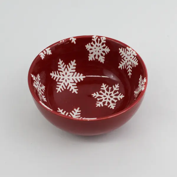 Set of 2 Nesting Primitives by Kathy Stoneware Bowls  Red with White Snowflakes 