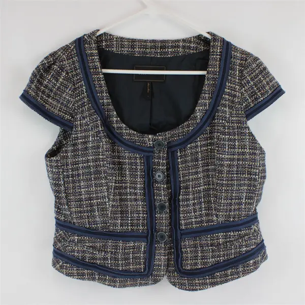 BCBG Max Azria Blue Brown Tweed Short Sleeve Button Front Jacket Women's Large