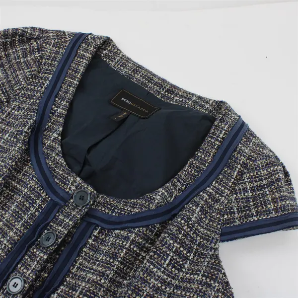 BCBG Max Azria Blue Brown Tweed Short Sleeve Button Front Jacket Women's Large