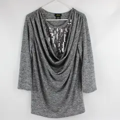 Akieva Gray Sequin 3/4-Sleeved Cowl Neck Faux Layered Top Women's Large